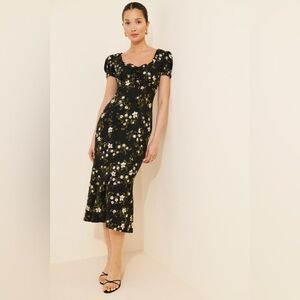 NWT Size XS - Anthropologie Linen Blend smocked Puff-Sleeve Midi Dress (NWT US$